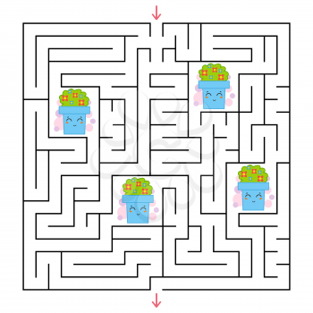 A square labyrinth. Collect all the flower pots and find a way out of the maze. An interesting game for children. Simple flat vector illustration