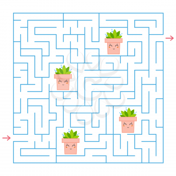 A blue square labyrinth. Collect all the flower pots and find a way out of the maze. An interesting game for children. Simple flat vector illustration