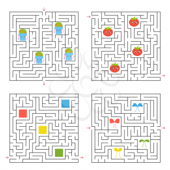 A set of four square labyrinths. Collect all the items and find a way out of the maze. An interesting game for children. Simple flat vector illustration