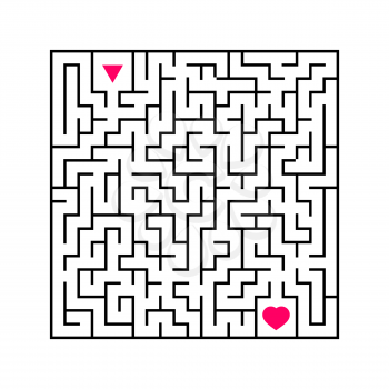 Abstract square maze. An interesting and useful game for children. Find the path from arrow to heart. Simple flat vector illustration isolated on white background