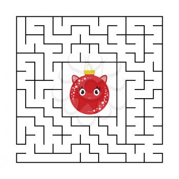 Abstract square maze with a cute color cartoon character. Cute Christmas balls. An interesting and useful game for children. Simple flat vector illustration isolated on white background.