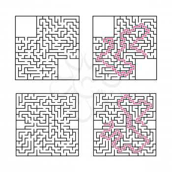A set of square mazes. Game for kids. Puzzle for children. One entrances, one exit. Labyrinth conundrum. Flat vector illustration isolated on white background. With answer. With place for your image.