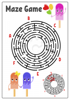 Abstract round maze. Kids worksheets. Activity page. Game puzzle for children. Cute cartoon ice cream. Labyrinth conundrum. Vector illustration. With answer. With space for your image