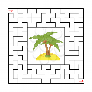 Abstract square maze with a color picture. Island with a palm tree. An interesting and useful game for children. Simple flat vector illustration isolated on white background