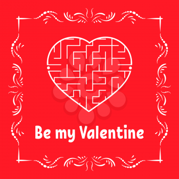 Color greeting card with heart shaped labyrinth. Happy Valentine's Day. Game for kids and adults. Puzzle for children. Maze conundrum. Vector illustration. Vintage frame