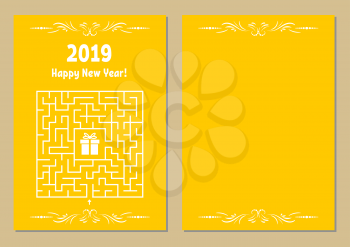Color Christmas greeting card with a square maze. Find the right path to the gift. Game for kids. Puzzle for children. Maze conundrum. Vector illustration. Vintage style