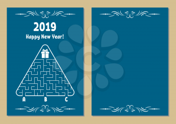 Color New Year greeting card with a triangular maze. Find the right path to the gift. Game for kids. Puzzle for children. Maze conundrum. Vector illustration. Vintage style