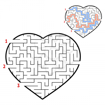 Labyrinth heart. Game for kids and adults. Find the right path. Puzzle for children. Labyrinth conundrum. Flat vector illustration isolated on white background. With the answers