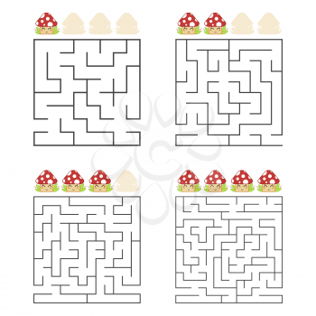 A set of square mazes. Four levels of difficulty. Cute mushrooms. Game for kids. One entrances, one exit. Labyrinth conundrum. Flat vector illustration isolated on white background