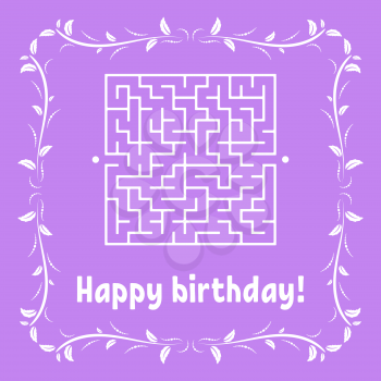 Color greeting card with a square maze. Happy Birthday. Game for kids. Puzzle for children. Maze conundrum. Vector illustration. Vintage frame