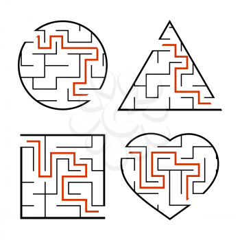 A set of mazes. Circle, square, triangle, heart. Game for kids. Puzzle for children. One entrances, one exit. Labyrinth conundrum. Flat vector illustration isolated on white background. With answer