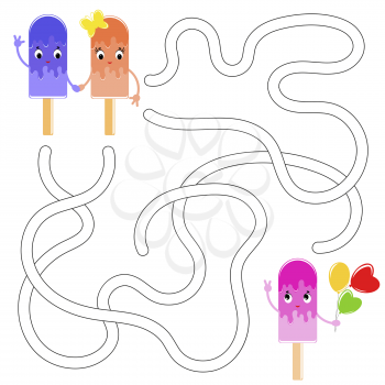 Color abstract maze. Help the cute ice cream to reach the ice cream with balloons. Kids worksheets. Activity page. Game puzzle for children. Cartoon style. Labyrinth conundrum. Vector illustration