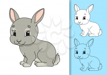 Cute rabbit. Set of vector illustrations isolated on white and colored background. Design element. Black stroke. Cartoon style.