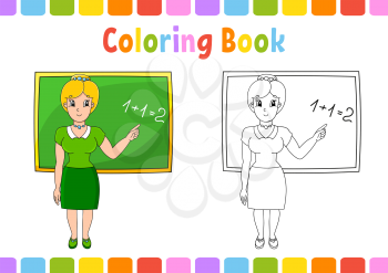 Coloring book for kids. Back to school theme. Cartoon character. Vector illustration. Fantasy page for children. Black contour silhouette. Isolated on white background.