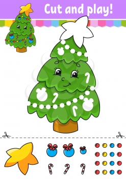 Fir tree. Cut and glue. Color activity worksheet for kids. Game for children. Cartoon character. Vector illustration.