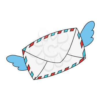 A mail envelope with wings. Cartoon character. Colorful vector illustration. Isolated on white background. Design element. Template for your design, books, stickers, cards.