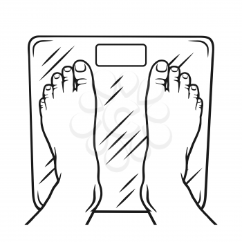 Human feet are on the scales. Outline silhouette. Design element. Vector illustration isolated on white background. Template for books, stickers, posters, cards, clothes.