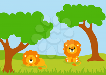 Lovely lions are sitting in a forest clearing. Colored vector illustration.