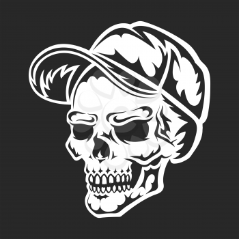 Human skull in cap. Black silhouette. Design element. Hand drawn sketch. Vintage style. Vector illustration isolated on black background.