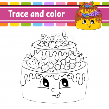 Trace and color. Birthday theme. Coloring page for kids. Handwriting practice. Education developing worksheet. Activity page. Game for toddlers. Isolated vector illustration. Cartoon style.