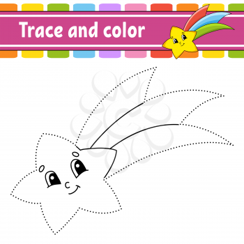 Trace and color. Coloring page for kids. Handwriting practice. Education developing worksheet. Activity page. Game for toddlers. Isolated vector illustration. Cartoon style. Fairytale theme.