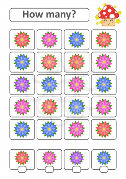 Counting game for preschool children for the development of mathematical abilities. How many flowers. With a place for answers. Simple flat isolated vector illustration