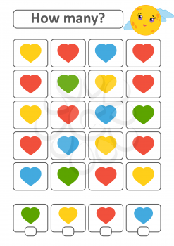 Counting game for preschool children for the development of mathematical abilities. How many hearts of different colors. With a place for answers. Simple flat isolated vector illustration