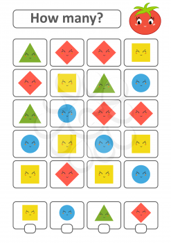 Game for preschool children. Count as many fruits in the picture and write down the result. Triangle, rhombus, square, circle. With a place for answers. Simple flat isolated vector illustration