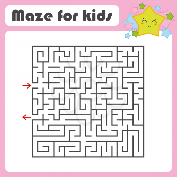 Black square maze with entrance and exit. With a lovely cartoon star. Simple flat vector illustration isolated on white background