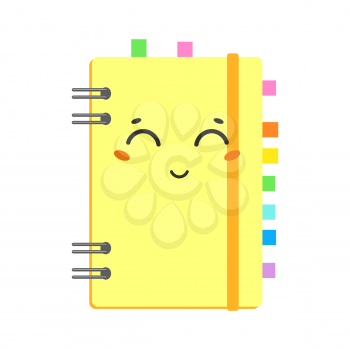 Cute cartoon notebook on a spiral in a yellow cover with colored bookmarks. Cute character. Simple flat vector illustration isolated on white background