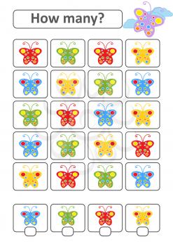 Counting game for preschool children for the development of mathematical abilities. How many butterflies. With a place for answers. Simple flat isolated vector illustration