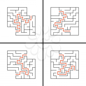Set of abstract square labyrinths. A game for children. Simple flat vector illustration isolated on white background. With a place for your drawings. With the answer.