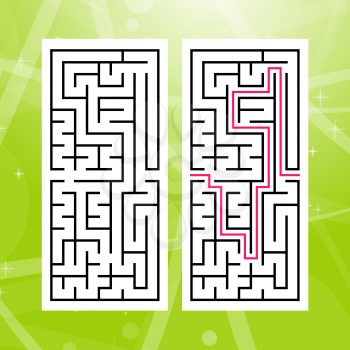 Rectangular labyrinth with a black stroke. A game for children. A simple flat vector illustration isolated on a green background. With the answer