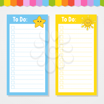 To do list for kids. Empty template. Star and sun. The rectangular shape. Isolated color vector illustration. Funny character. Cartoon style. For the diary, notebook, bookmark.