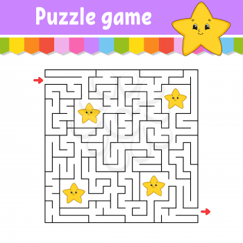 Square maze. Game for kids. Cartoon star. Puzzle for children. Labyrinth conundrum. Color vector illustration. Find the right path. Isolated vector illustration. Cartoon character.