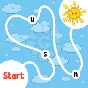 Logic puzzle game. Cute sun. Learning words for kids. Find the hidden name. Education developing worksheet. Activity page for study English. Isolated vector illustration. Cartoon style.