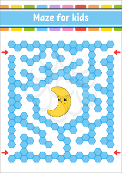 Rectangular color maze. Cute crescent. Game for kids. Funny labyrinth. Education developing worksheet. Activity page. Puzzle for children. Cartoon character. Logical conundrum. Vector illustration.