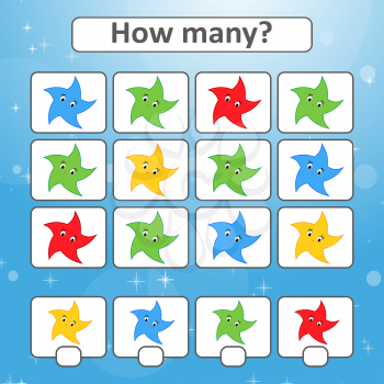 Game for preschool children. Count as many stars in the picture and write down the result. With a place for answers. Simple flat isolated vector illustration
