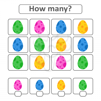 Game for preschool children. Count out how many Easter eggs in the picture and write down the result. With a place for answers. Simple flat isolated vector illustration