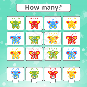 Counting game for preschool children for the development of mathematical abilities. Count the number of butterflies in the picture. With a place for answers. Simple flat isolated vector illustration