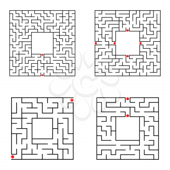 Black abstract square maze with a place for your image. Set of four puzzles. An interesting and useful game for kids. A simple flat vector illustration isolated on a white background
