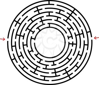 Black round maze with a place for your drawing. An interesting and useful game for children. Simple flat vector illustration isolated on white background