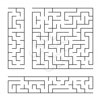 Black abstract labyrinth. A set of three puzzles. An interesting and useful game for children. Simple flat vector illustration isolated on white background.