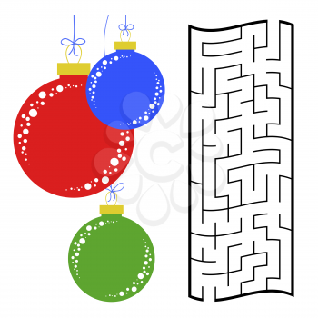 Abstract rectangular maze with a color picture. Round Christmas balls. An interesting and useful game for children. Simple flat vector illustration isolated on white background