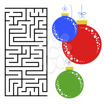Abstract rectangular maze with a color picture. Round Christmas balls. An interesting and useful game for children. Simple flat vector illustration isolated on white background