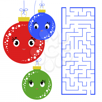 Abstract square maze with a cute color cartoon character. Beautiful Christmas balls. An interesting and useful game for children. Simple flat vector illustration isolated on white background