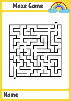 Abstract square maze. Kids worksheets. Game puzzle for children. Funny rainbow on a colored background. One entrances, one exit. Labyrinth conundrum. Vector illustration. With place for name.