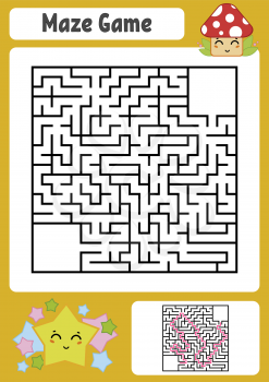 Abstract square maze. Kids worksheets. Game puzzle for children. Cute star and mushroom. One entrances, one exit. Labyrinth conundrum. Vector illustration. With answer. With place for your image.