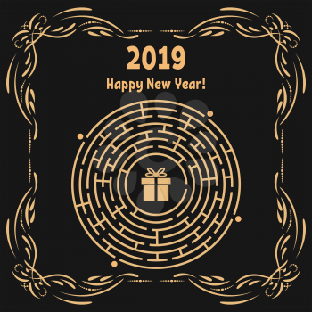 New Year greeting card with a round labyrinth. Find the right path to the gift. Game for kids. Puzzle for children. Labyrinth conundrum. Vector illustration. With frame in vintage style.