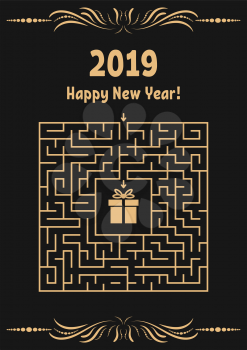New Year greeting card with square maze. Find the right path to the gift. Game for kids. Puzzle for children. Labyrinth conundrum. Vector illustration. With frame in vintage style.